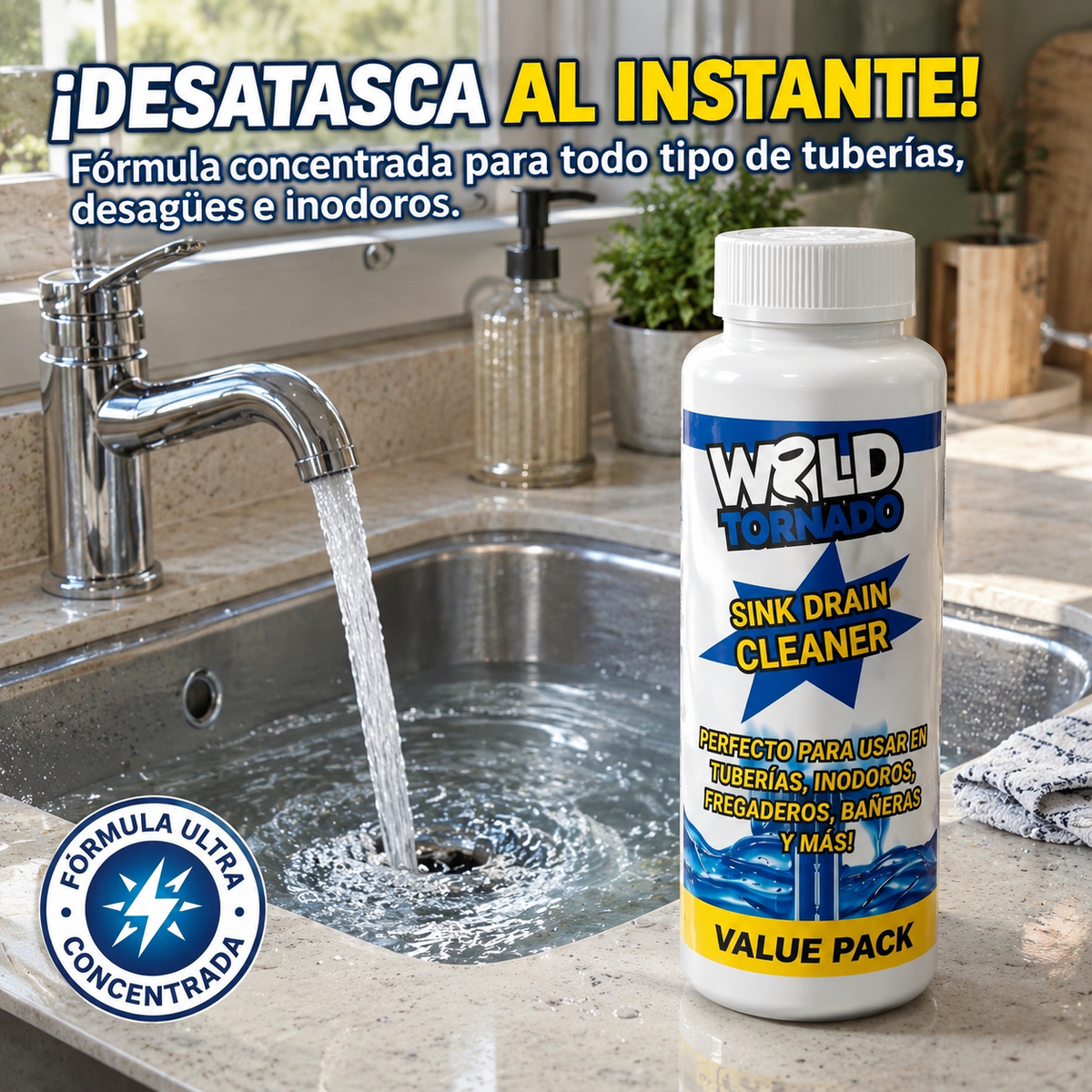 Pack de 3 botes de Wild Tornado / Acción profunda contra atascos, bacterias y malos olores.