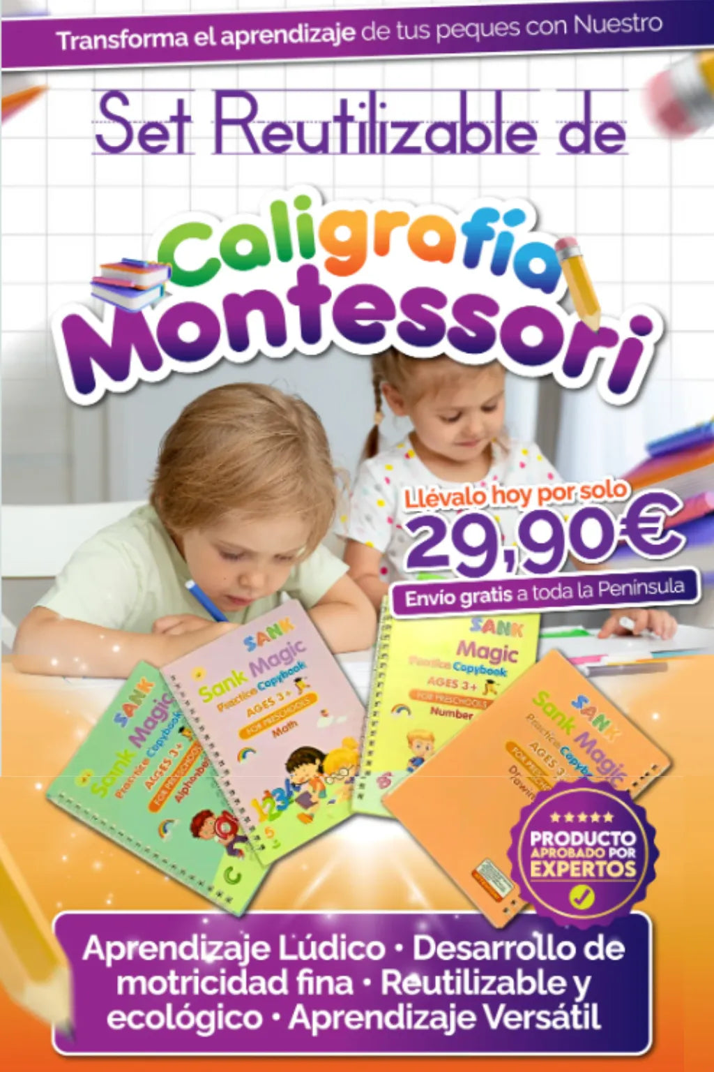 Set de 4 Libros de Caligrafia Reutilizables Metodo Montessori Versión 2026