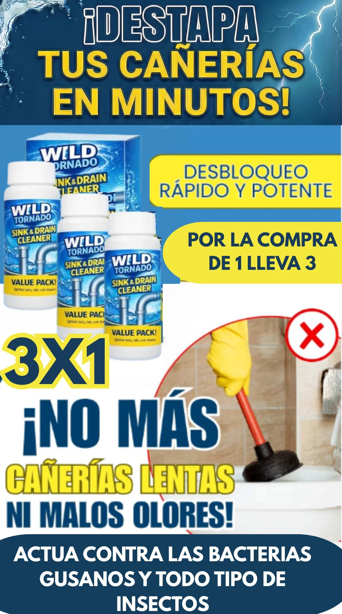 3 frascos de Wild Tornado/ Acción profunda contra atascos, bacterias y malos olores.