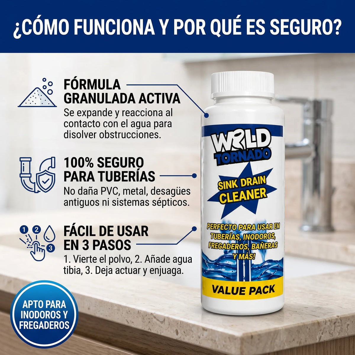 Pack de 3 botes de Wild Tornado / Acción profunda contra atascos, bacterias y malos olores.